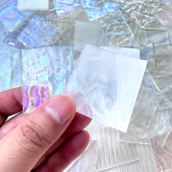 ILLUCKAI 2.2lb Iridescent Clear Stained Glass Scraps Sheets, Irregular Mosaic - Image 3