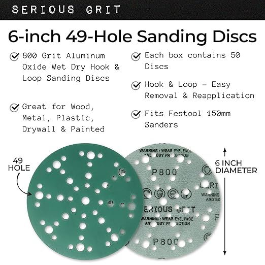 6-Inch 49-Hole 800 Grit Sanding Discs - Heavy-Duty Hook & Loop Film Discs - Sandpaper for Random Orbital Sanders - 50 Pack Box