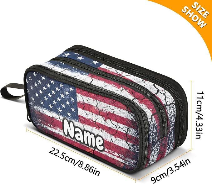 Custom Retro American Flag Pencil Case Box Boys Girls Personalized Name Large - Image 7