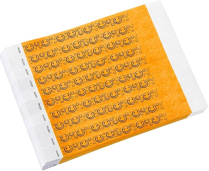 500 WristCo Neon Orange Smiley Face Tyvek Wristbands for Events - ¾” x 10” - Waterproof Recyclable Comfortable Tear Resistant Paper Bracelets Wrist Bands for Concerts Festivals Admission Party