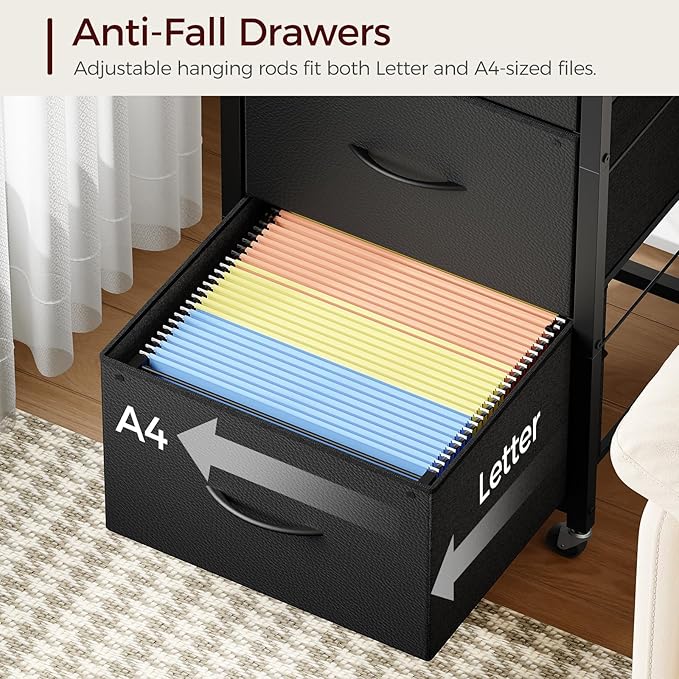 3 Drawer File Cabinet, Vertical Filing Cabinet with Wheels, Printer Stand with File Cabinet, Adjustable Hanging Rods, fits A4/Letter Size, for Home Office, Black FCBK5901