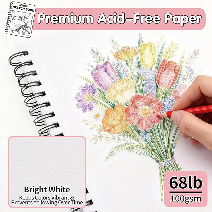 FIXSMITH 9"X12" Pink Sketch Book, 400 Sheets Spiral Sketchbook, Acid Free - Image 2