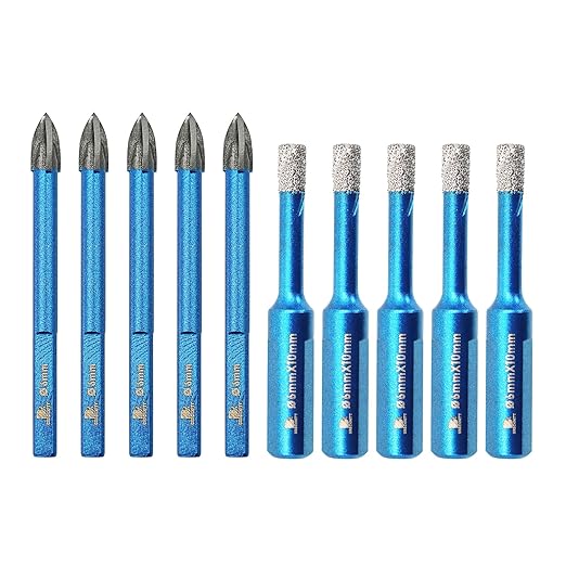 Dry Diamond Core Drill Bit Set,BRSCHNITT1/4 * 5 Diamond Hole Saw& 1/4"*5 Carbide Drill bits with Triangle Shank for Porcelain Tile Ceramic Stone Granite Marble(10pcs)