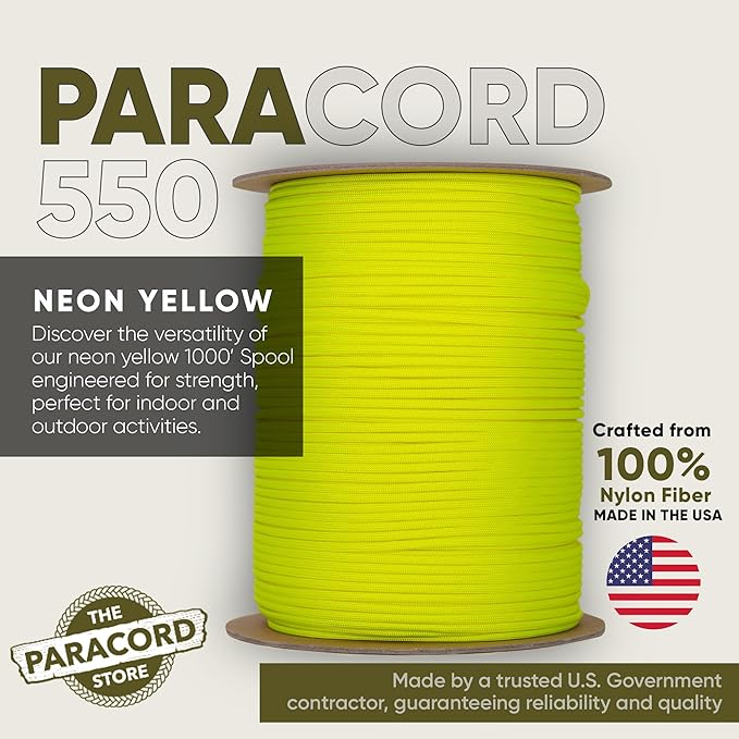 The Paracord Store | Type III 550 Paracord - 250 FT Spool, Neon Yellow | Heavy Duty 7 Strand Tactical Paracord - USA Made Nylon Outdoor Parachute Cord for Camping, Fishing & More - Survival Cord