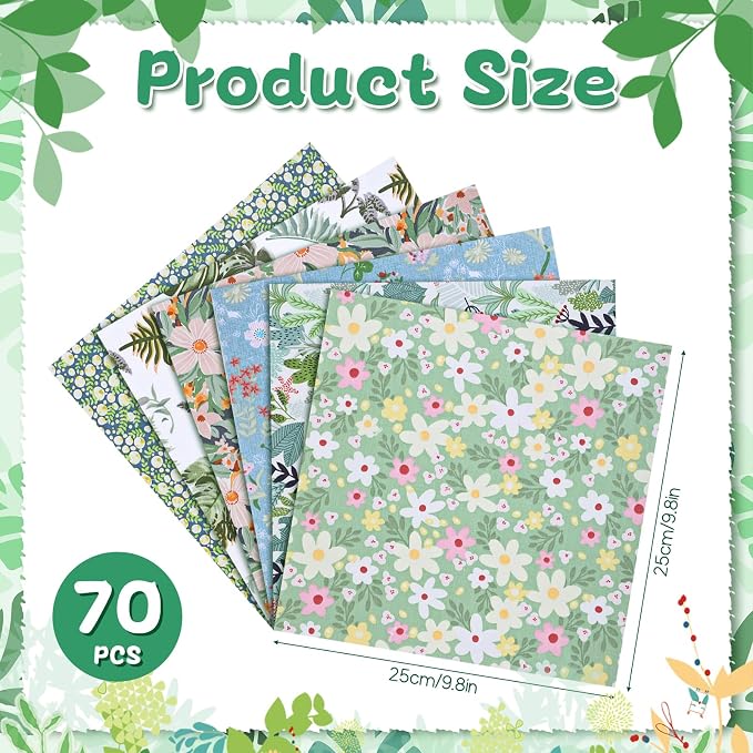 70 Pcs 10 x 10 Inch Green Floral Cotton Fabric Squares, Precut Printed - Image 2