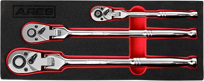 ARES 42028 - Flex Head Ratchet Set - 3-Piece 72-Tooth Ratchet - Premium Chrome Vanadium Steel Construction & Chrome Plated Finish - 72-Tooth Quick Release Reversible Design with 5 Degree Swing