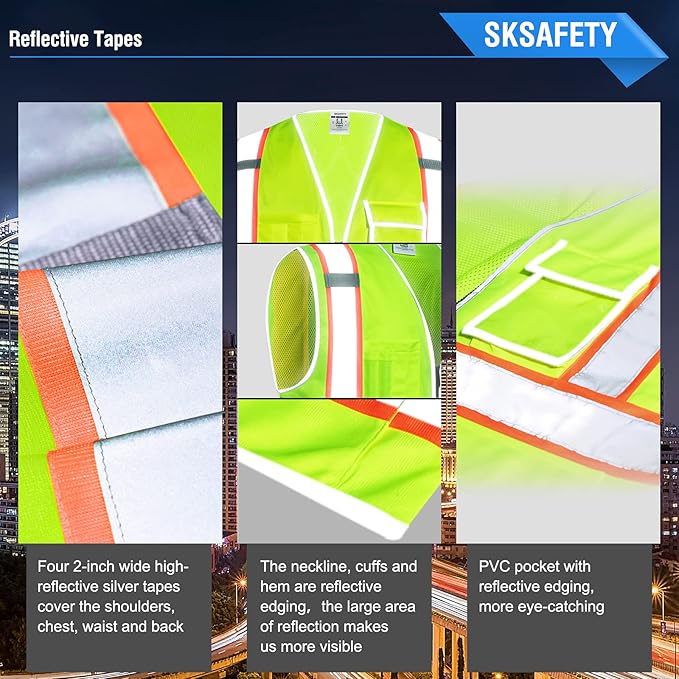 SKSAFETY 10 Pockets Safety Vest, Class 2 High Visibility Security with Zipper Back Mesh, Hi Vis Vest with Reflective Strips, ANSI/ISEA Standard, Construction Work Vest for Men ＆ Women （Lime, 5XL）