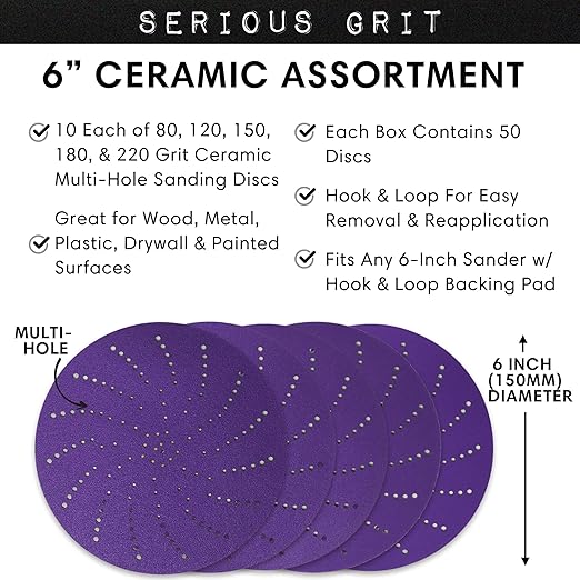 6-Inch Assorted Grit Ceramic Multi-Hole Hook & Loop Sanding Discs - Advanced Grain for Fast Cutting & Long Life - Film-Backed Universal Fit Sandpaper for 6-in Sanders - 50 Pack Box