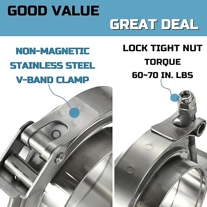 Quick Release Stainless Steel V Band Clamp with Male Female V Band Flange for Exhaust, Turbocharger, Turbo or Downpipe, Sold In Pair (3.0''), Silver