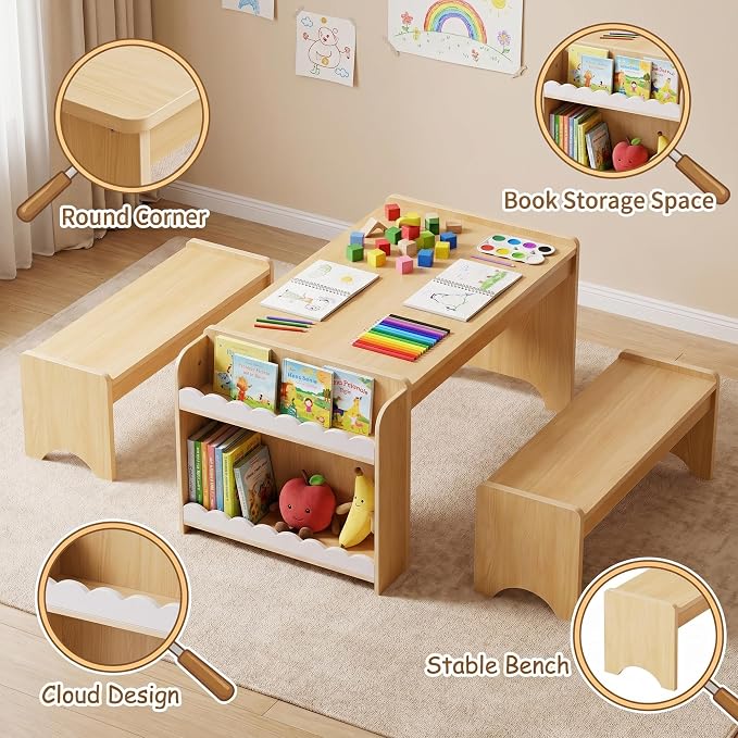 Kids Table and Bench Set, Montessori Kids Table and Chair Set, Indoor Wooden - Image 6