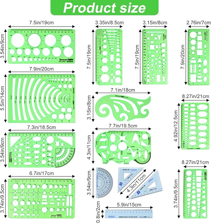 15PCS Geometric Drawings Templates, Measuring Geometry Rulers, Drafting - Image 2
