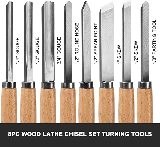 HAUTMEC Professional Wood Turning Chisel 8 pcs Set, Lathe Chisel Set with 2 Skew 1 Spear Point 1 Parting 1 Round Nose & 3 Gouge Tools for Beginners, Hobbyists and Professionals HT0237-WW