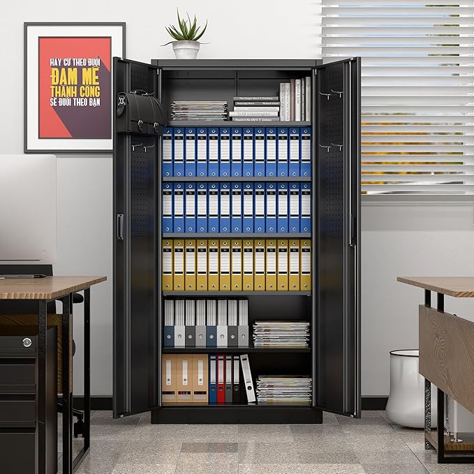 Aobabo 71" H×34" W×18" D Metal Storage Cabinet with Pegboards, Locking Steel Storage Cabinet with 5 Adjustable Shelves and 4 Hooks for Garage, Office, Black, Assembly Required