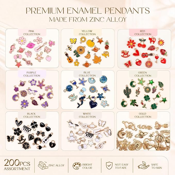 Sistenia 200PCS Charms for Jewelry Making, Bulk Mixed Color Gold Metal Enamel - Image 4