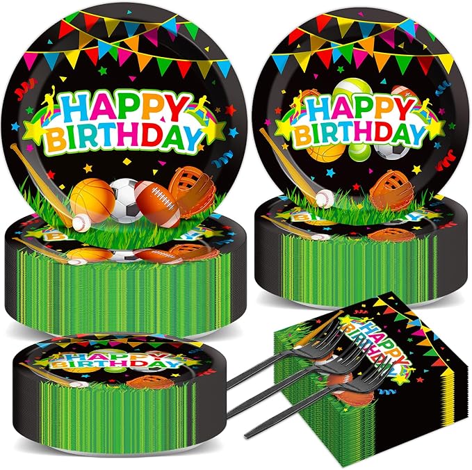 200 pcs Happy Birthday Party Plates and Napkins Kit Sports Themed Birthday by Naozinebi