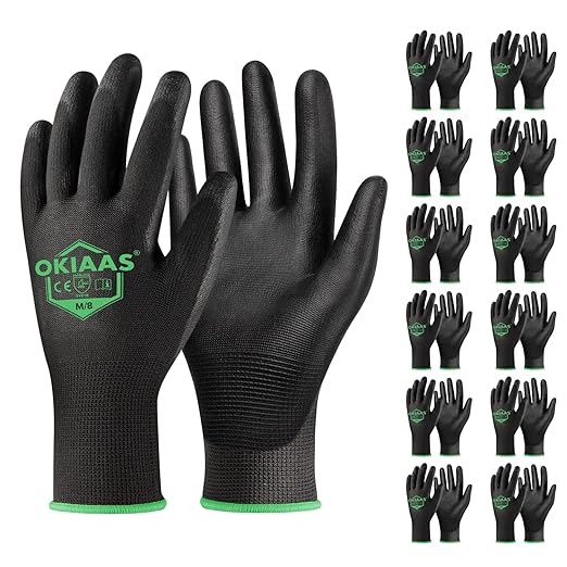 OKIAAS Men's Ultra-Thin and Lightweight Working Gloves with Grip, 12 Pairs, Black, Medium