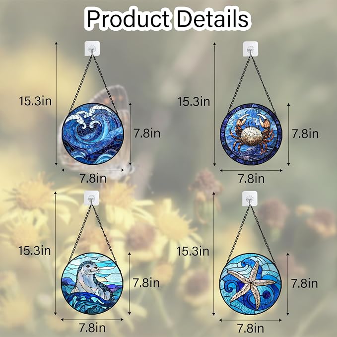 DASTOLL Stained Glass Window Hanging 4 Pcs Set Blue Ocean Waves 7.8" - Image 6