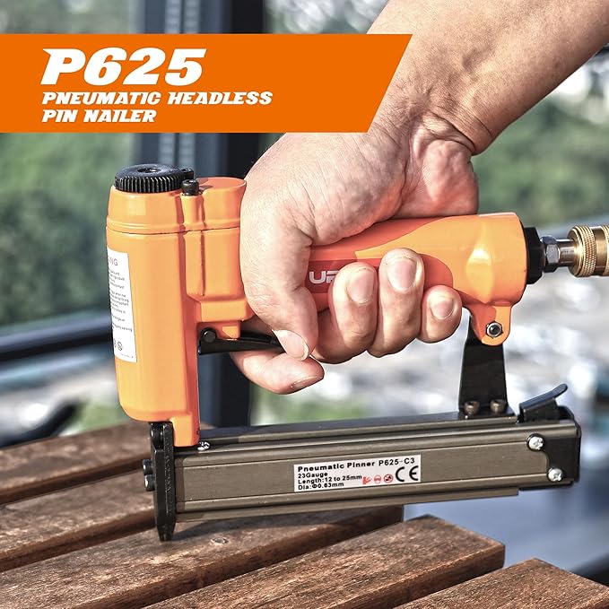 P625 Pneumatic 23 Gauge Headless Pin Nailer, 1/2-Inch to 1-Inch Leg Length Air Powered Micro Pinner for Furniture, Cabinets, Interior Decoration