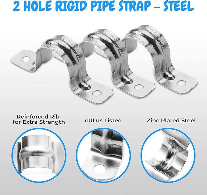 OhLectric Two Hole Rigid Pipe Strap - Sturdy Steel Strap Clamps - Zinc Plated Steel - Reinforced Rib - Corrosion Resistant - Easy to Install - 5 Inches - OL-43251