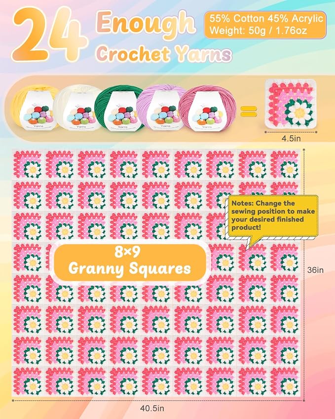 Coopay 3D Blanket Crochet Kit for Beginners, All-in-One Granny Square Blanket - Image 4