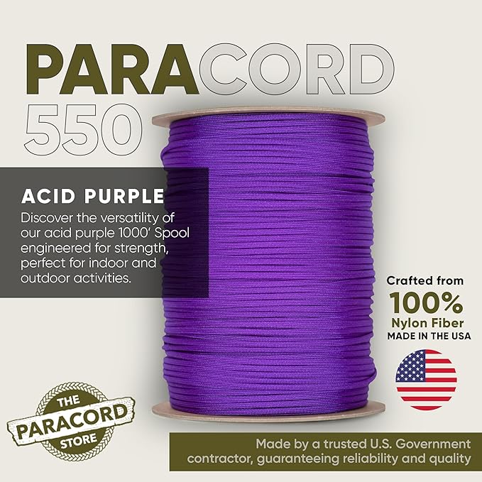 The Paracord Store | Type III 550 Paracord - 1000 FT Spool, Acid Purple | Heavy Duty 7 Strand Tactical Paracord - USA Made Nylon Outdoor Parachute Cord for Camping, Fishing & More - Survival Cord