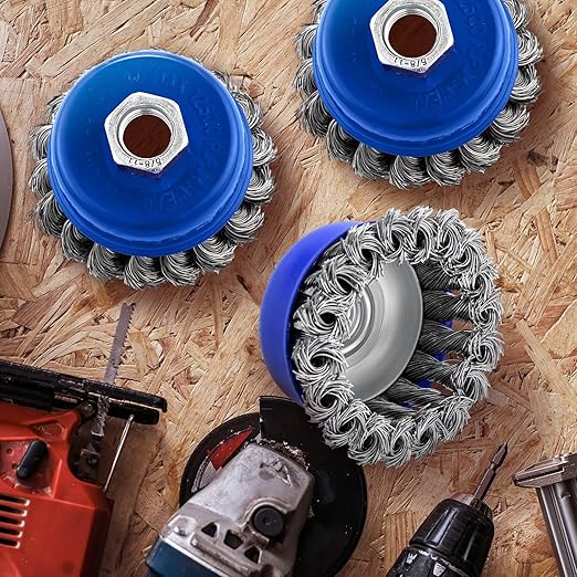 Tandefio 24 Pcs Wire Wheel Brush Wire Wheels with 5/8 -11 Threaded Arbor for 4 1/2 Angle Grinder Knotted Wire Cup Brush for Heavy Cleaning Rust Removal (Blue,3 Inch)