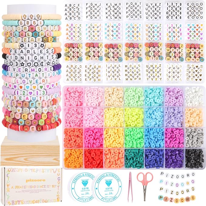 Pizooro Friendship Bracelet Kit, 28 Colors 5040 Pcs Clay Beads 1200 Pcs Letter by Pizooro