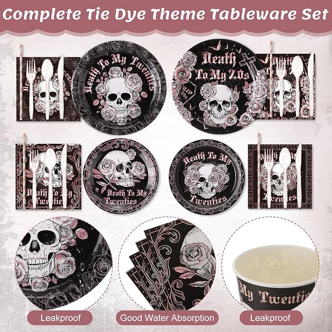 450 Pcs Death to My 20s Tableware Set Rose Gold Black 30th Birthday Party - Image 3