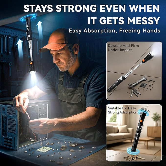 VIBELITE Extendable Magnetic Flashlight with Telescoping Magnet Pickup Tool-Cool Gadget Birthday for Men, Dad, Husband, Him, Father, Mechanic,Tech, Handyman, Boyfriend, Women, Black