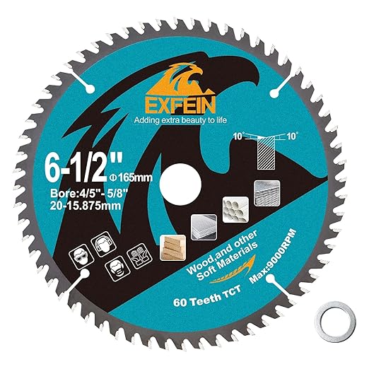 6-1/2 Inch Miter/Table Saw Blade, 60 Teeth ATB TCT Fine Finish Wood Cutting Circular Saw Blade with 4/5|5/8 Inch Arbor