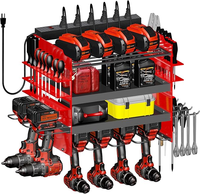 Homecor Power Tool Organizer Wall Mount with Charging Station, 4-Layer Drill Holder Heavy Duty Metal Storage Rack for Garage Organization Drill Storage Shelf, Fathers Day Dad Gifts for Dad Husband