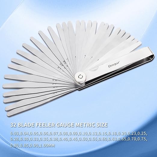 Dasqua 32 Blades Feeler Gauges 0.03-1.00mm Tapered Feeler Gauge Set Stainless Steel Thickness Gauges Dual Marked SAE and Metric Narrow Feeler Gauge for Measuring Gap Width or Thickness
