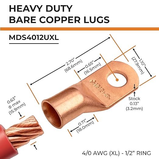 SELTERM 25pcs 4/0 AWG(XL) 1/2" Stud Battery Lugs,Ring Terminals,Heavy Duty Copper Wire Lugs,Battery Cable Ends, 0000 Gauge Ring Terminal Connectors,UL Bare Copper Eyelets Electrical Battery Cable Lugs