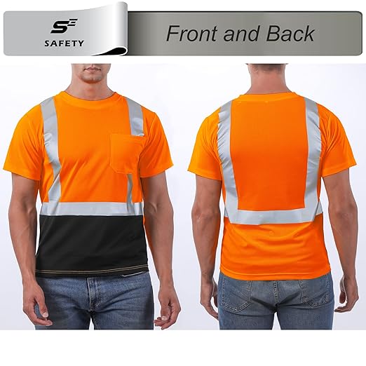 sesafety Hi Visibility Shirts for Men, Safety Shirts with Reflective Strips Class 2, Hi Vis Construction Work Shirt with Pocket Orange 4XL