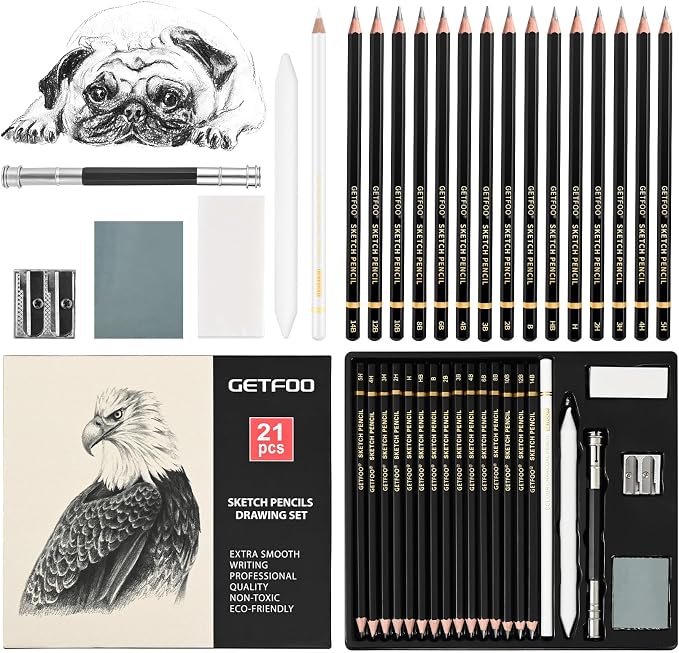 21pc Drawing Sketching Pencil Set Graphite 14B-5H & Charcoal Pencils | by GETFOO