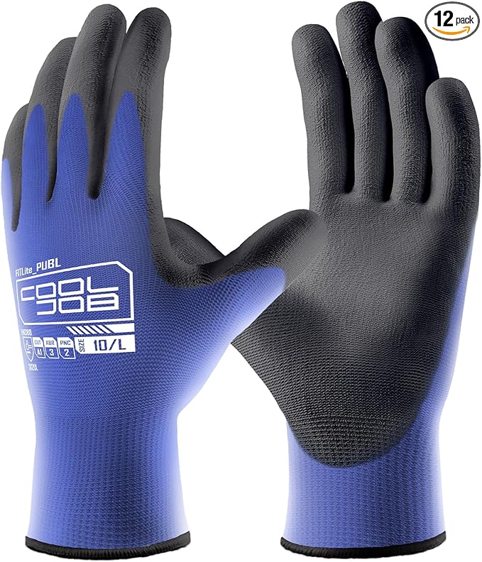 COOLJOB 12/60 Pairs Safety Work Gloves Pack Bulk with Grip PU Coating, 13 Gauge Seamless Knit Gloves with Polyurethane Dipped for Warehouse Working, Breathable Lightweight for Men Women, Blue Large
