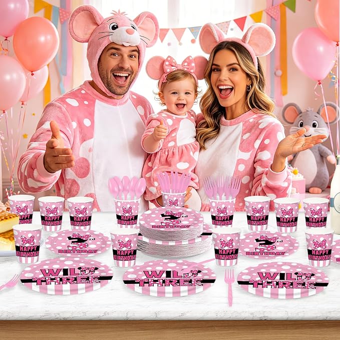168Pcs Pink Mouse 3rd Birthday Decorations, Serves 24 | Wild Three Birthday - Image 6