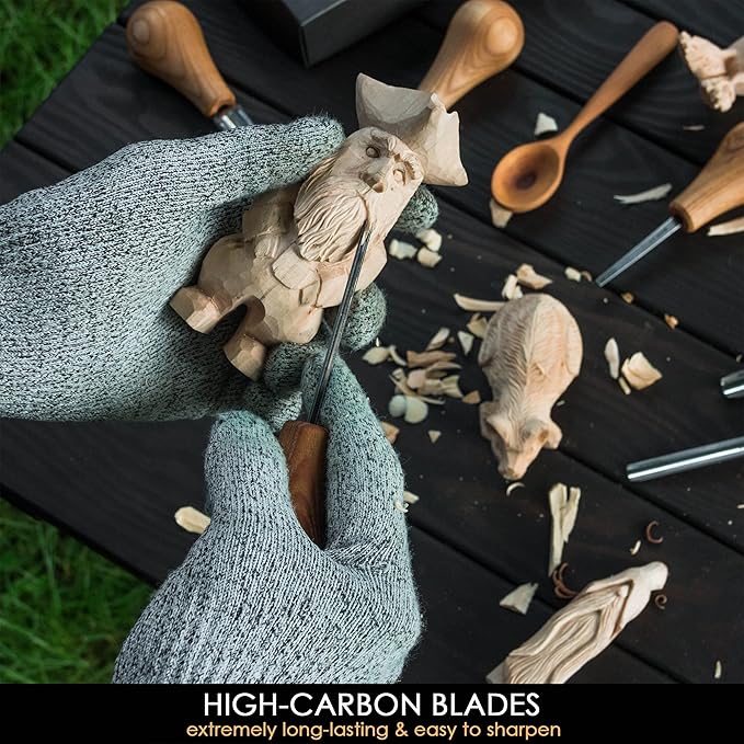 BeaverCraft Wood Carving Gouges Kit SC05 - Wood Carving Chisels Set with Palm Gouge & Flat Straight Chisel, Rounded Short Bent, V-chisels - Whittling Knives, Tools for Beginners and Profi Carvers