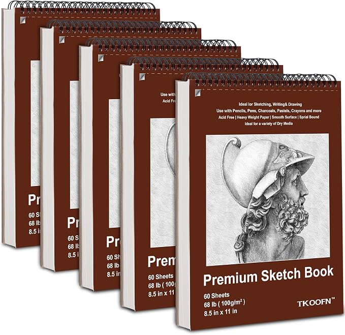 5 Pack Sketch Book, 8.5x11 Inch Top Spiral Sketchbook 60 Sheets Each, Acid-Free by TKOOFN