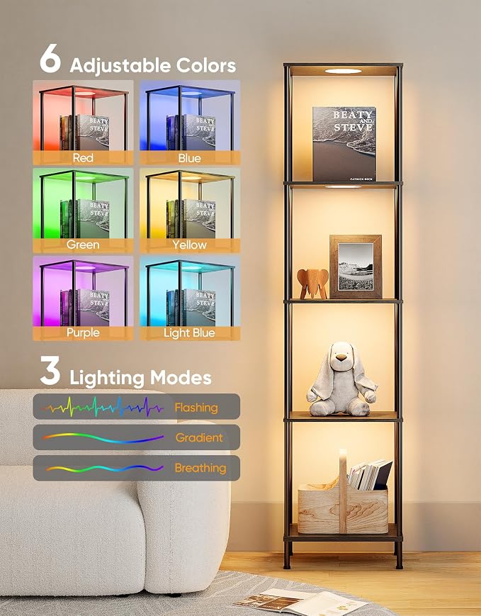 Display Shelf with RGBW Light, Color Changing Curio Cabinet Floor Lamp with - Image 5