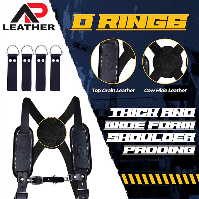 Tool Belt Suspenders – Heavy-Duty Adjustable Work Suspenders with 4 Detachable D-Loop for Construction Tool Belt (Black)
