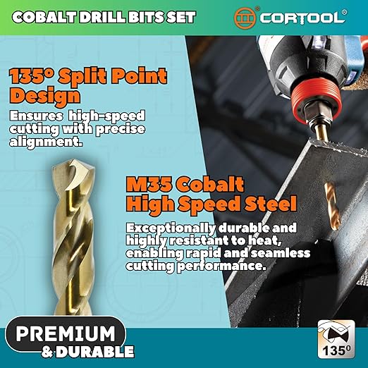 7/32 inch Cobalt Drill Bits (12Pcs), M35 HSS Metal Jobber Length Twist Drill Bit Set for Hard Metal, Stainless Steel, Iron, Copper, Aluminium, Brass, Plastic & Wood