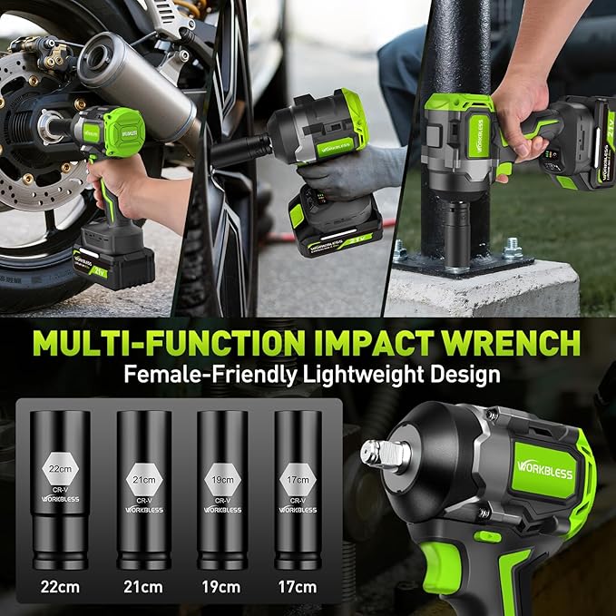 Brushless Cordless Impact Wrench, 850Nm (630Ft-lbs) High Torque, 1/2 Inch Impact Gun with 20V 4Ah Battery, 3-Speed, 4 Cr-V Sockets (17/19/21/22mm) for Car Tire, Mower Lug Nut