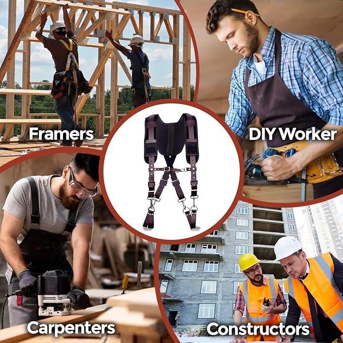 PRO-01 Leather Tool Belts for mens, Tool Belt with Suspenders, Comfort Back Support with stainless steel Buckle for Construction, Framers (Chocolate Padding, Extra Large)