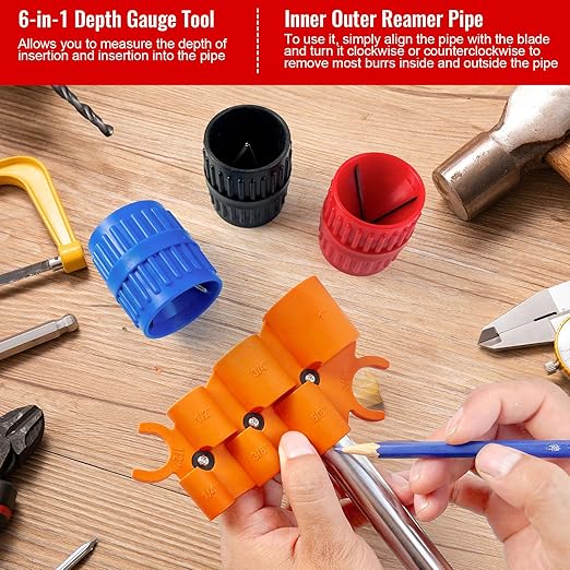 Pipe Deburring Tool with 1/4''-1'' Depth Gauge and 1/8'' to 1-5/8'' Inner Outer Reamer for Copper/PVC/PPR/Brass/CPVC/PE-RT/Aluminum Pipe - 4 Pack