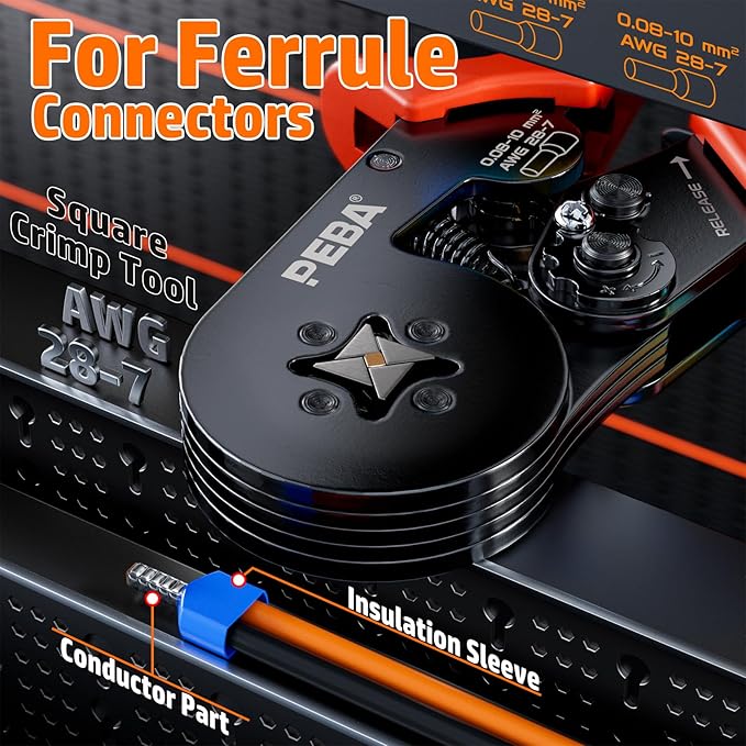 PEBA Ferrule Crimping Tool Kit, Square Pliers AWG28-7 & 33 Sizes Ferrules(AWG24-8) for Electrical Wiring/DIY Terminals | Self-Adjusting Ratchet Crimper - Copper Ferrule Kit