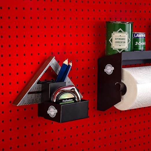 Tape Measure Holder for Pegboard - Includes Pencil Box and Carpenter Square Triangle Holder – Black Pegboard Organizer Accessories with Heavy Duty Peg Board Hooks - 16 Gauge Steel