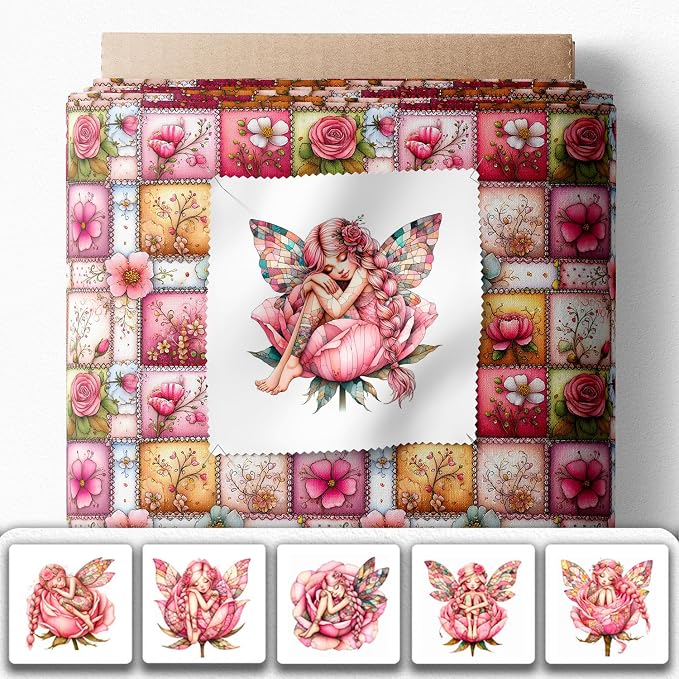 ‍ Pink Fairy Patchwork Cotton Fabric Panel – 6 Designs + Bonus Patchwork Sheet - Image 2