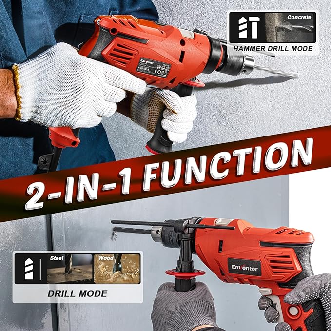 Enventor 7.5 Amp Hammer Drill, 1/2 Inch Electric Hammer Drill, 900W 0-3000RPM Variable Speed, 360° Auxiliary Handle, Lightweight Corded Hammer & Drill 2 in 1 Functions with 9pcs Bit for Metal, Wood