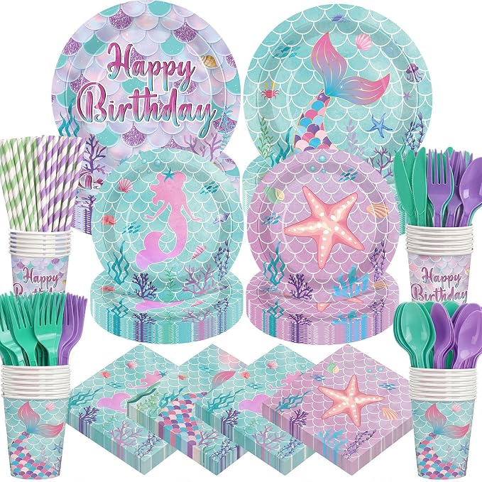450 Pcs Mermaid Birthday Party Tableware Set Decorations Mermaids Paper Plates by Unknown